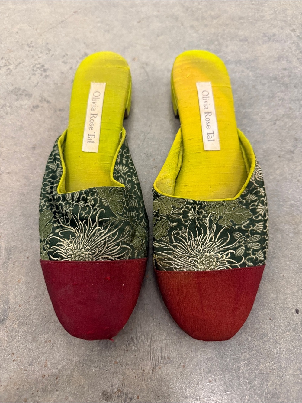 Olivia Rose Tal Green Brocade Slip-On Mules with Red Toes